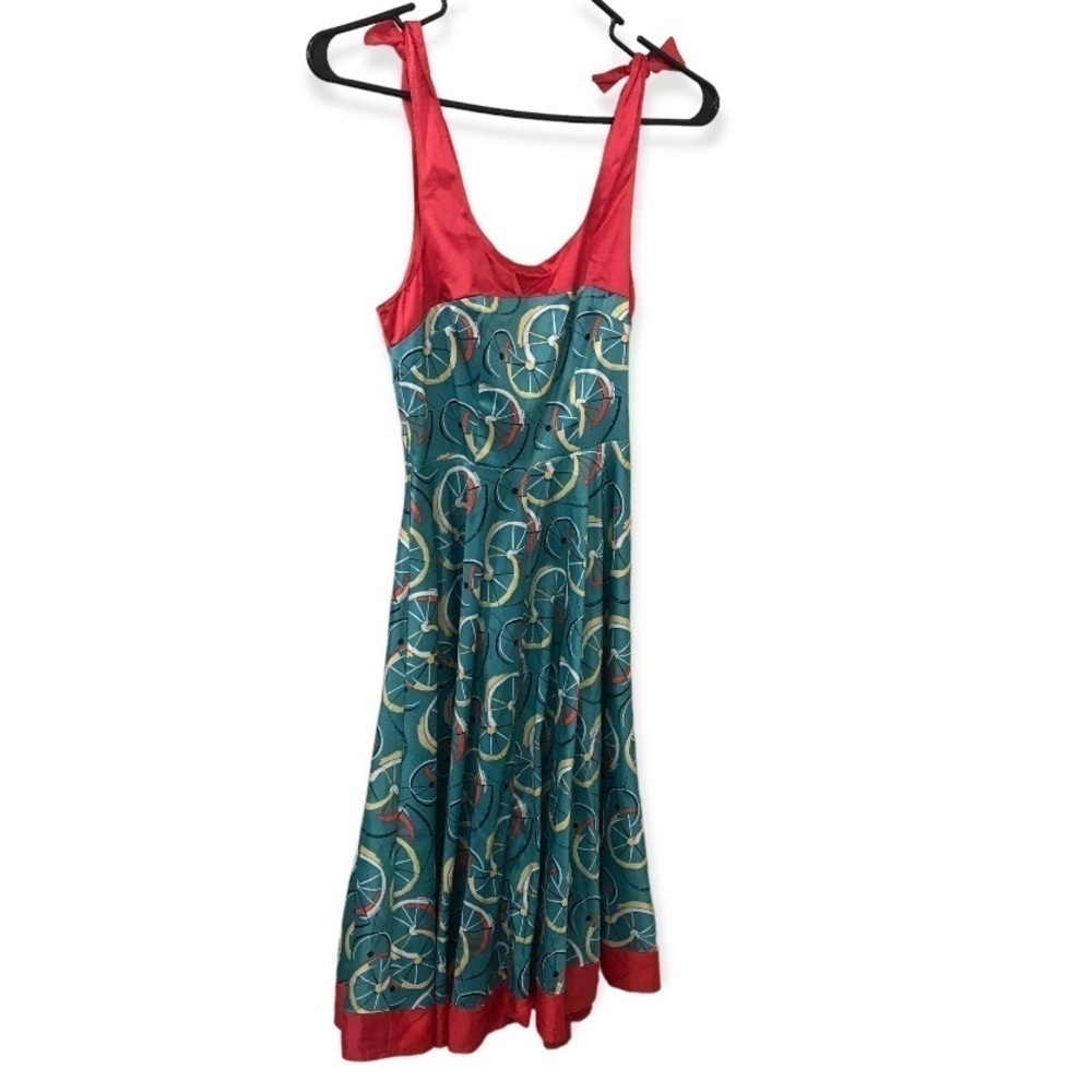 3/$15 Tatyana satin bicycle print red teal dress size XXS